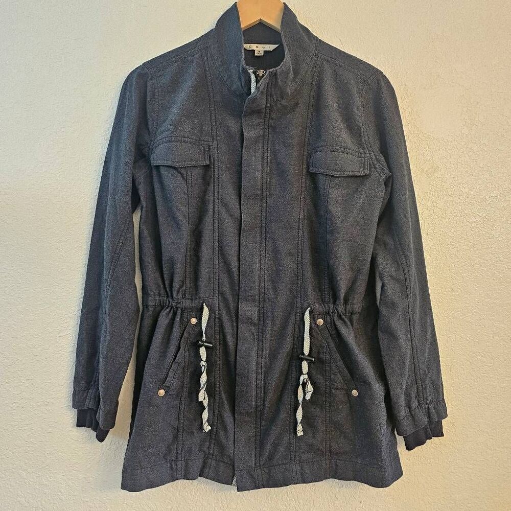 NWOT CAbi Weekend Moto Cinch Waist Fitted Stretch Flattering Jacket: Denim color